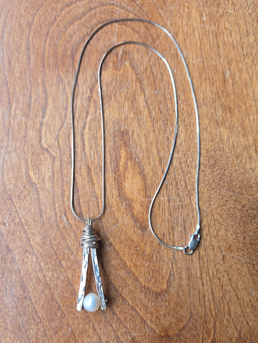 Hammered Pendant Necklace with Pearl Accent
